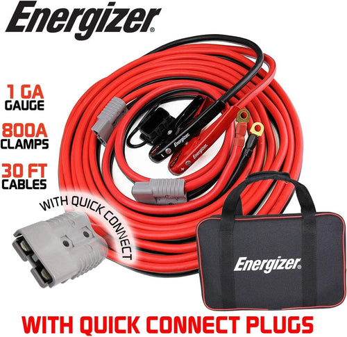 Jumper Cables, 30 Feet, 1 Gauge, 800A, Booster Battery Cables with Permanent Installation Kit and Quick Connect Plug for SUV and Trucks with up to 8-Liter Gasoline and 6-Liter Diesel Engines