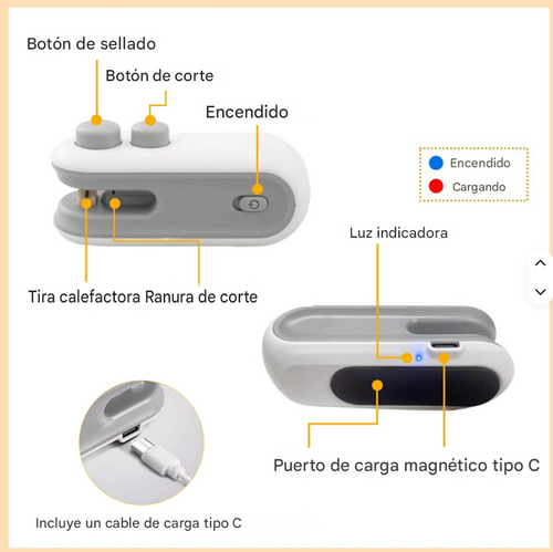 Mini Sellador de Bolsas Recargable USB | Mantén tus Alimentos Frescos| ENVIO GRATIS| AXORA RD